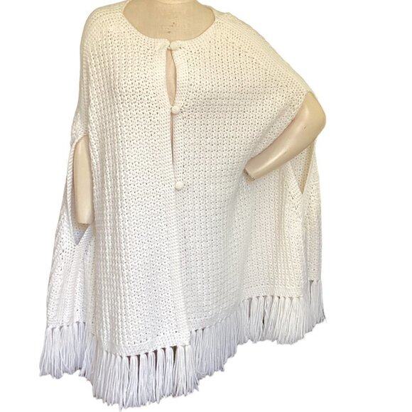 Hand Knitted Longline Fringed Poncho/Sweater/Shawl/Cape  L/XL White 148P - Picture 1 of 6